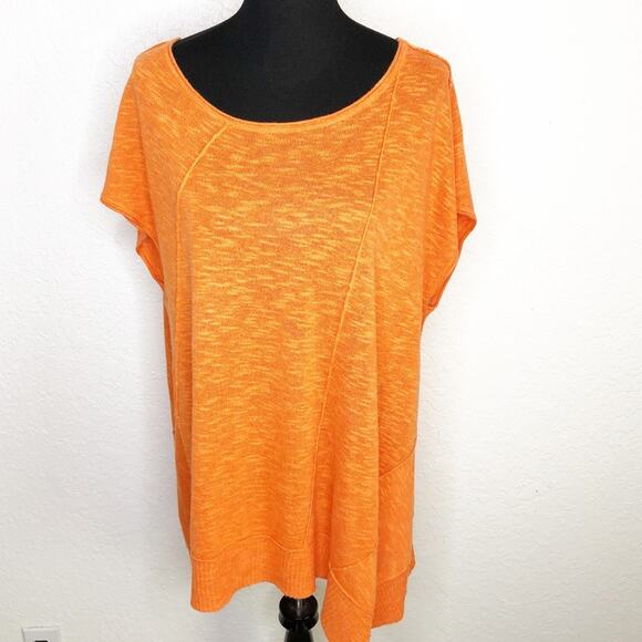 Eileen Fisher bright orange asymmetrical hem cap sleeve linen blend sweater XL - Picture 1 of 15